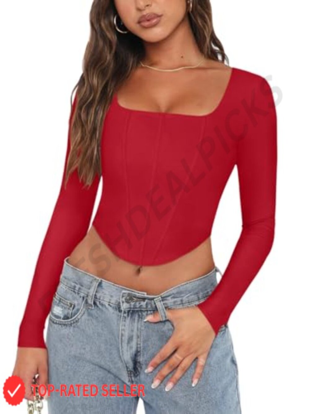 REORIA Corset Crop Top Square Neck Long Sleeve Backless Y2K Women's